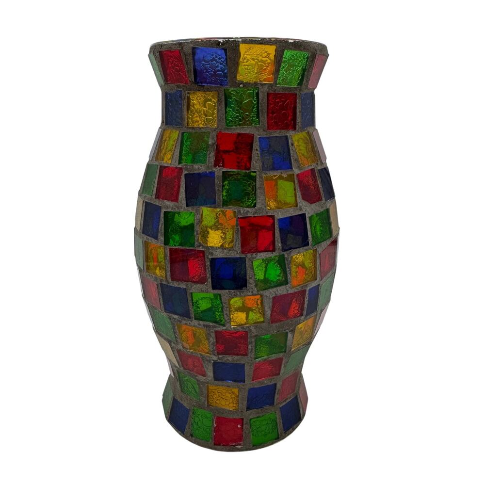 Stained Glass Mosaic Hurricane Lamp Shade Globe Multicolor Chimney 9.25" Tall